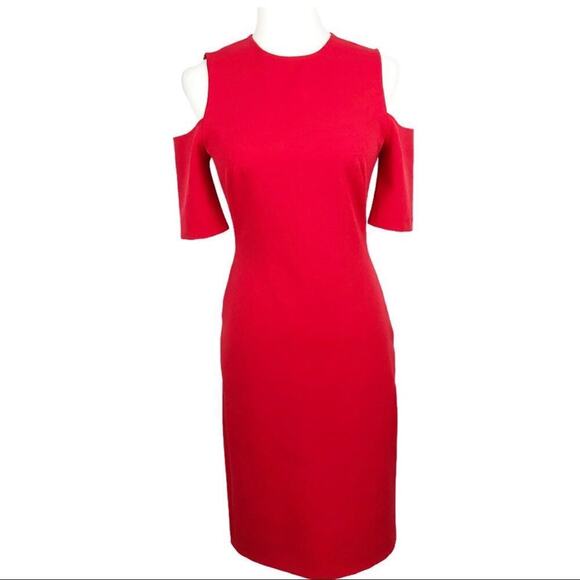 Zara Cut Out Cold Shoulders Holiday Party Shift Midi Dress Red Size Small Xmas - Picture 2 of 16